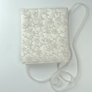 EUC Vintage 90s Ivory Beaded Satin Small Occasion Bag. Shoulder Strap Lovely